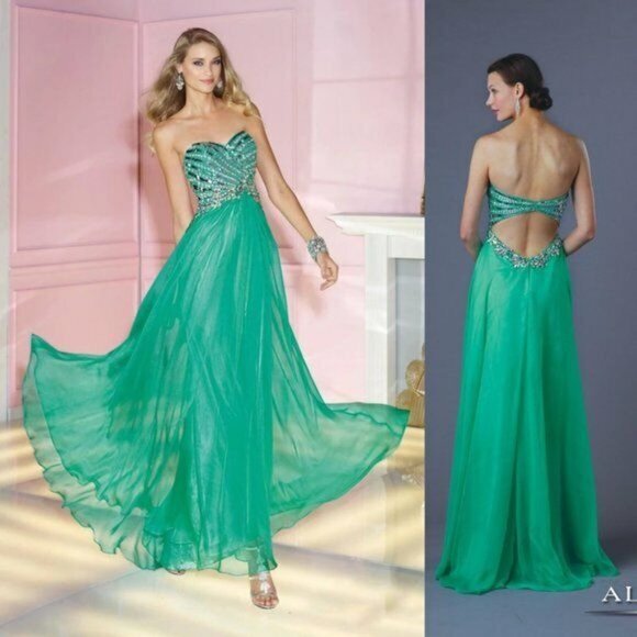 Green Long Gown Small Embellished Cut Out Evening Chiffon Alyce Paris 4 NWT$348 - Picture 2 of 12